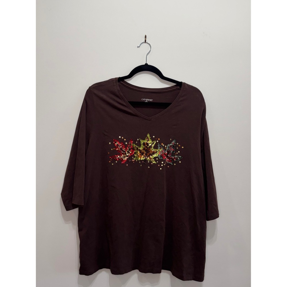 Catherines Brown Sequin Autumn Maple Leaf V-Neck 3/4 Sleeve Top Plus Size 1X